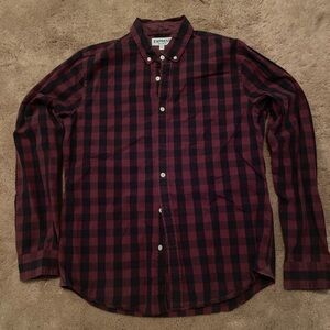 Express Men's Soft Wash Burgundy and Black Checkered Shirt